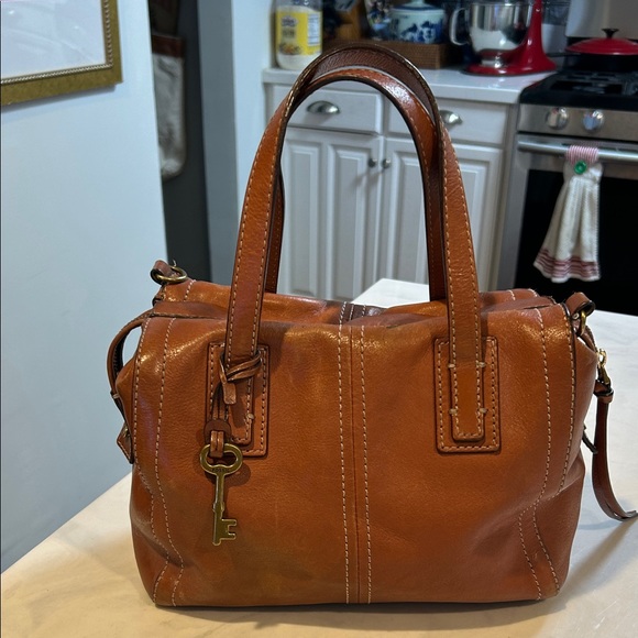 Fossil Handbags - Fossil Emma Tan Leather Satchel Vintage No Crossbody Strap, EUC, Caramel Color